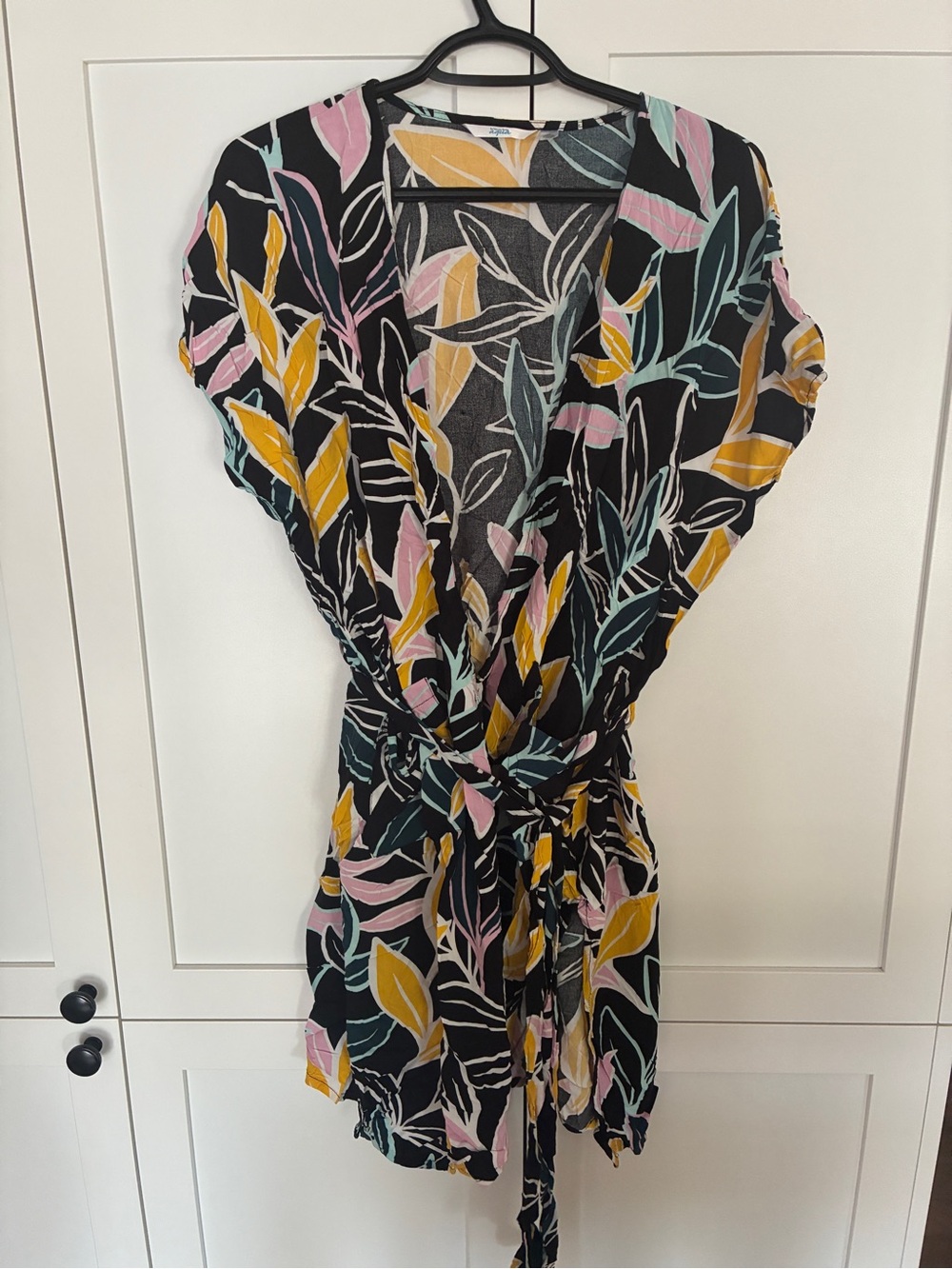 La Vie En Rose Black Mini Dress with Pink, Mustard & Teal Leaf Print